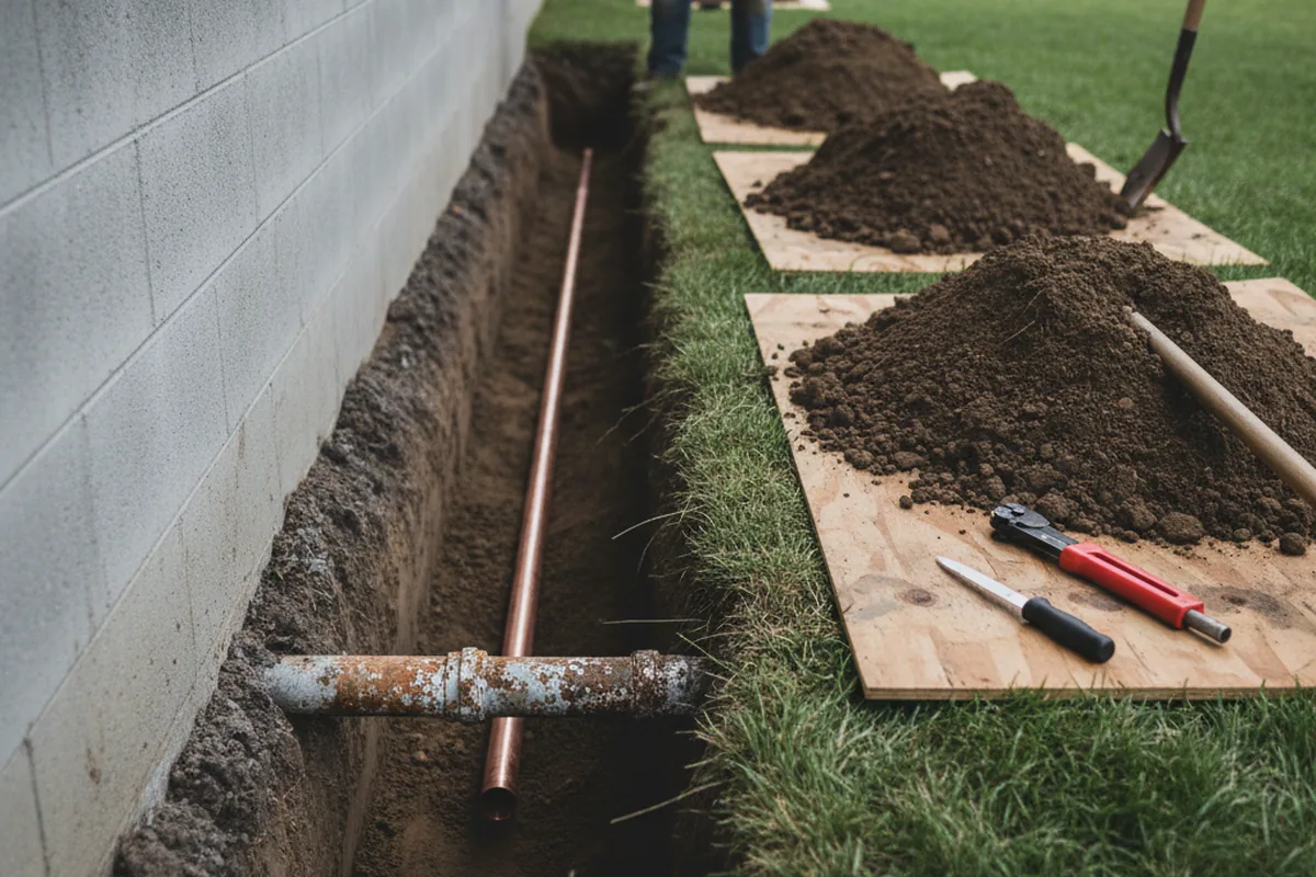 Excavated water line trench during Water Softener Installation in National Park